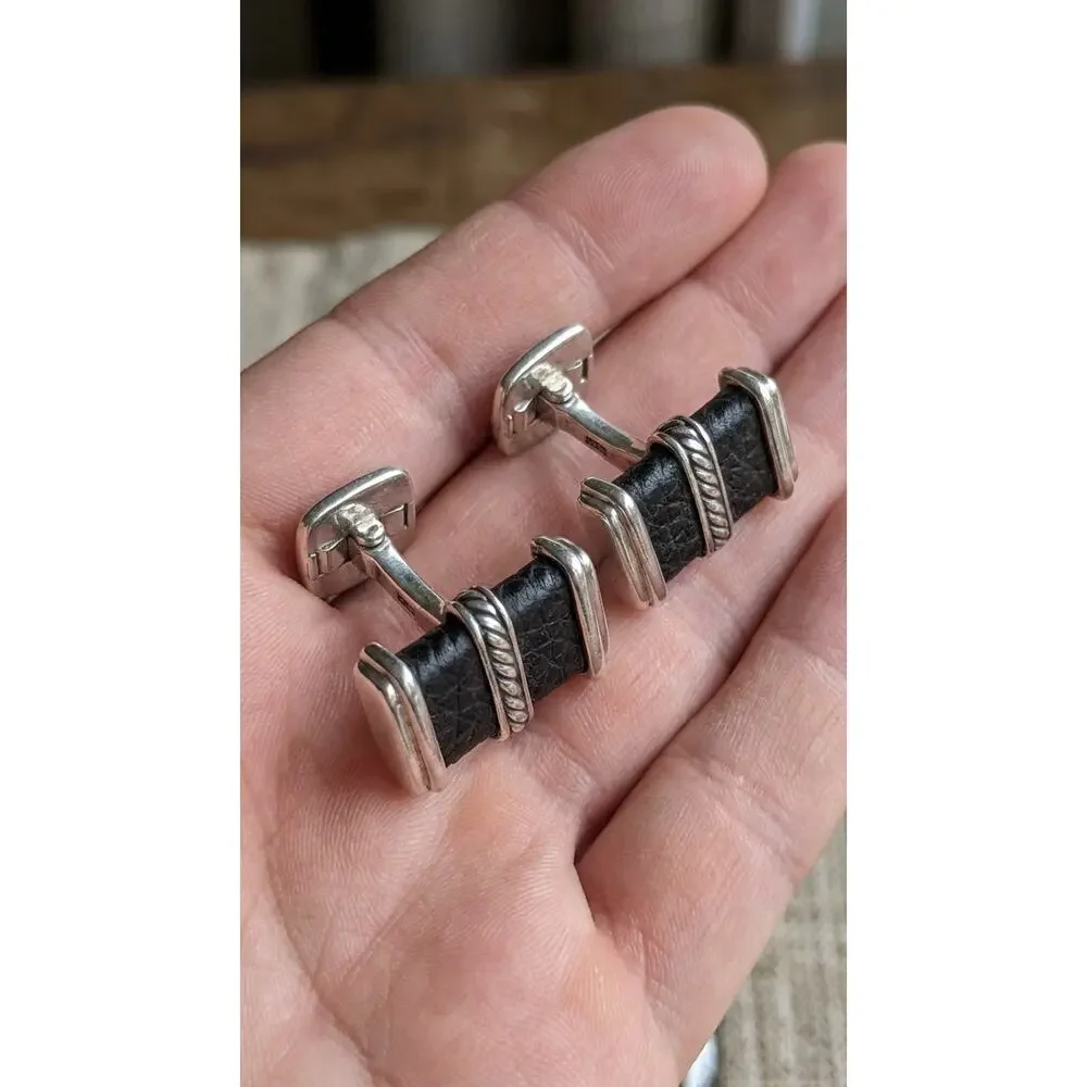 David Yurman Leather & Sterling Silver 925 Cufflinks
